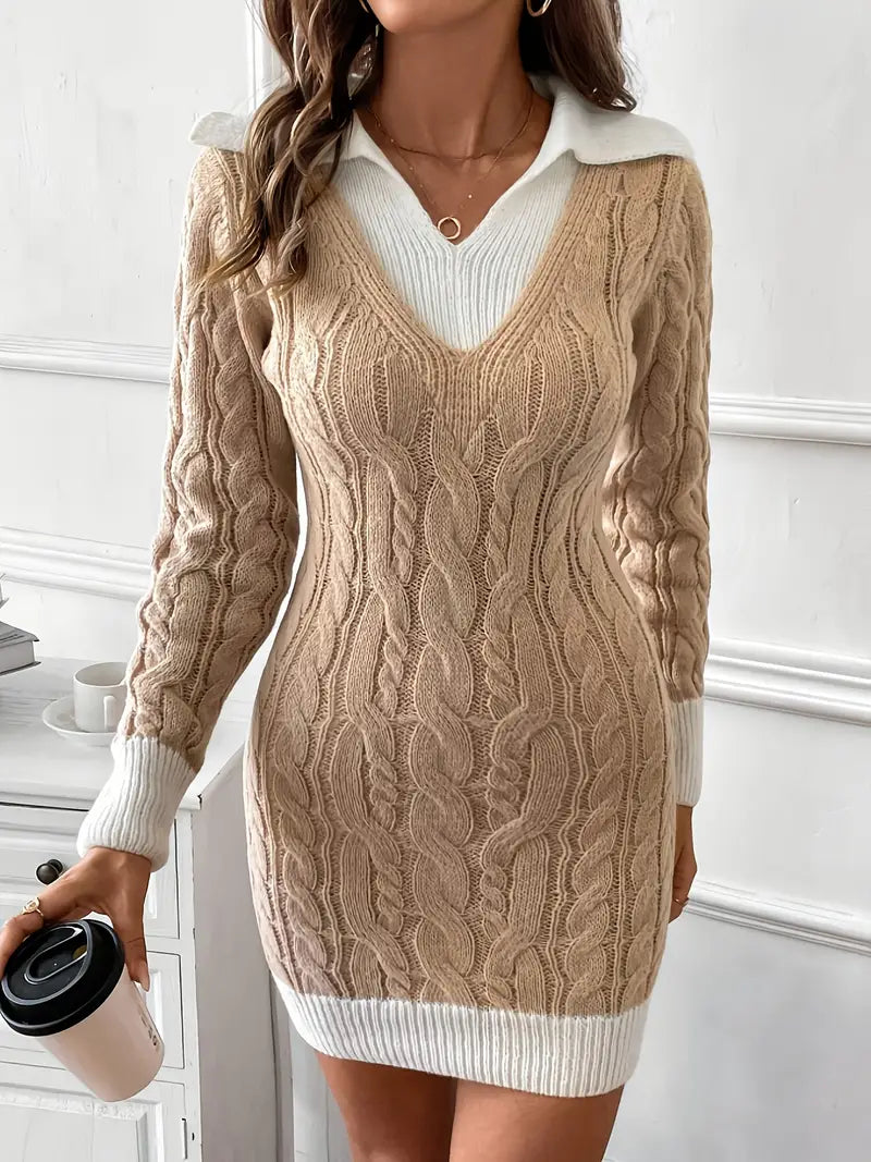 Autumn-Winter Color-Block Long-Sleeve Sweater Dress — Contrasting Panels, Round Neck, Machine Washable