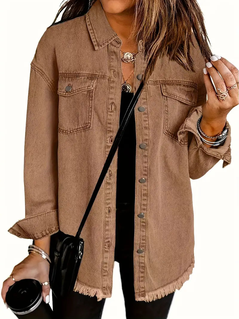 Oversized Fringe-Hem Denim Jacket – Western-Inspired Casual Outerwear for Women