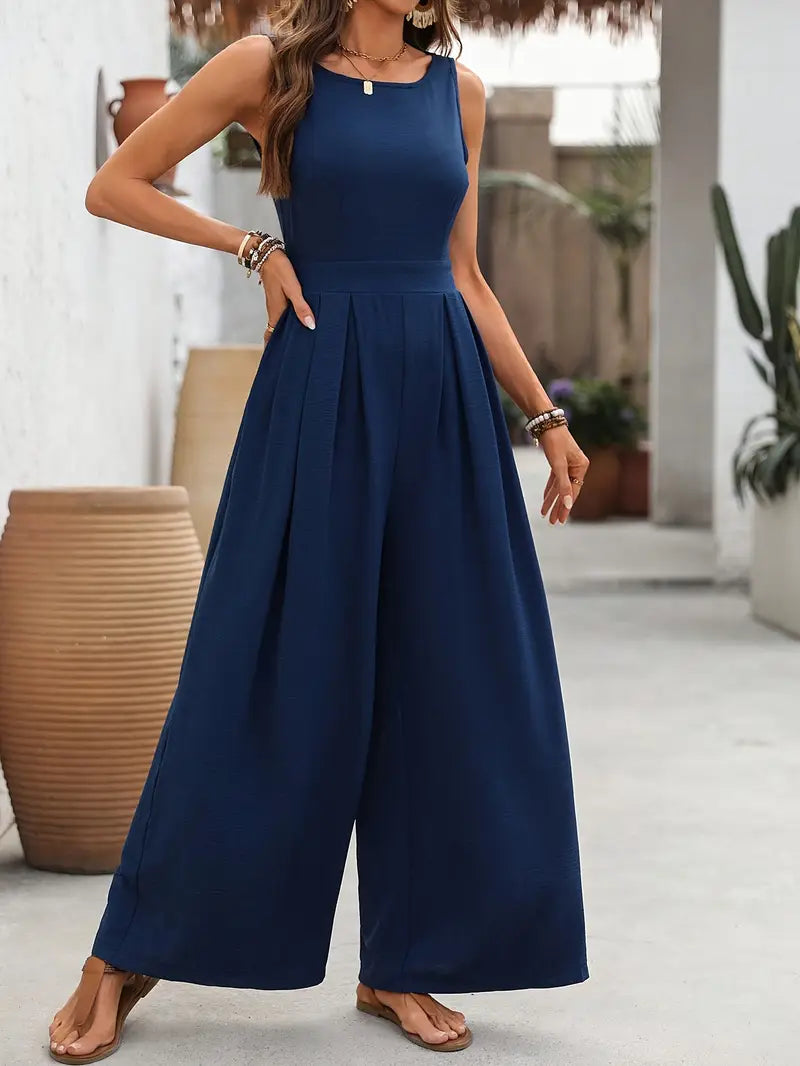 Navy Blue Sleeveless Pleated Wide-Leg Jumpsuit with Adjustable Straps