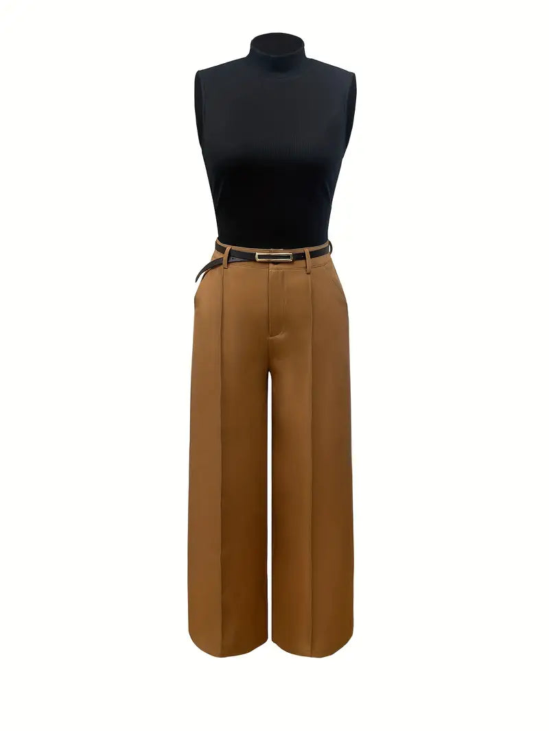 Summer Sleeveless Stand-Up Collar Top & High-Waist Belted Pant Set — Lightweight 2-Piece Outfit for Elegant Warm-Weather Wear
