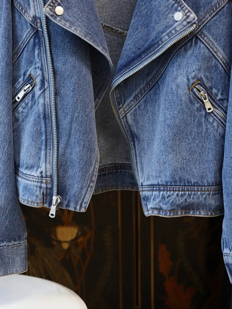 Motorcycle-Style Denim Jacket — Full Zip Lapel-Collar Winter Coat for Edgy Everyday Looks