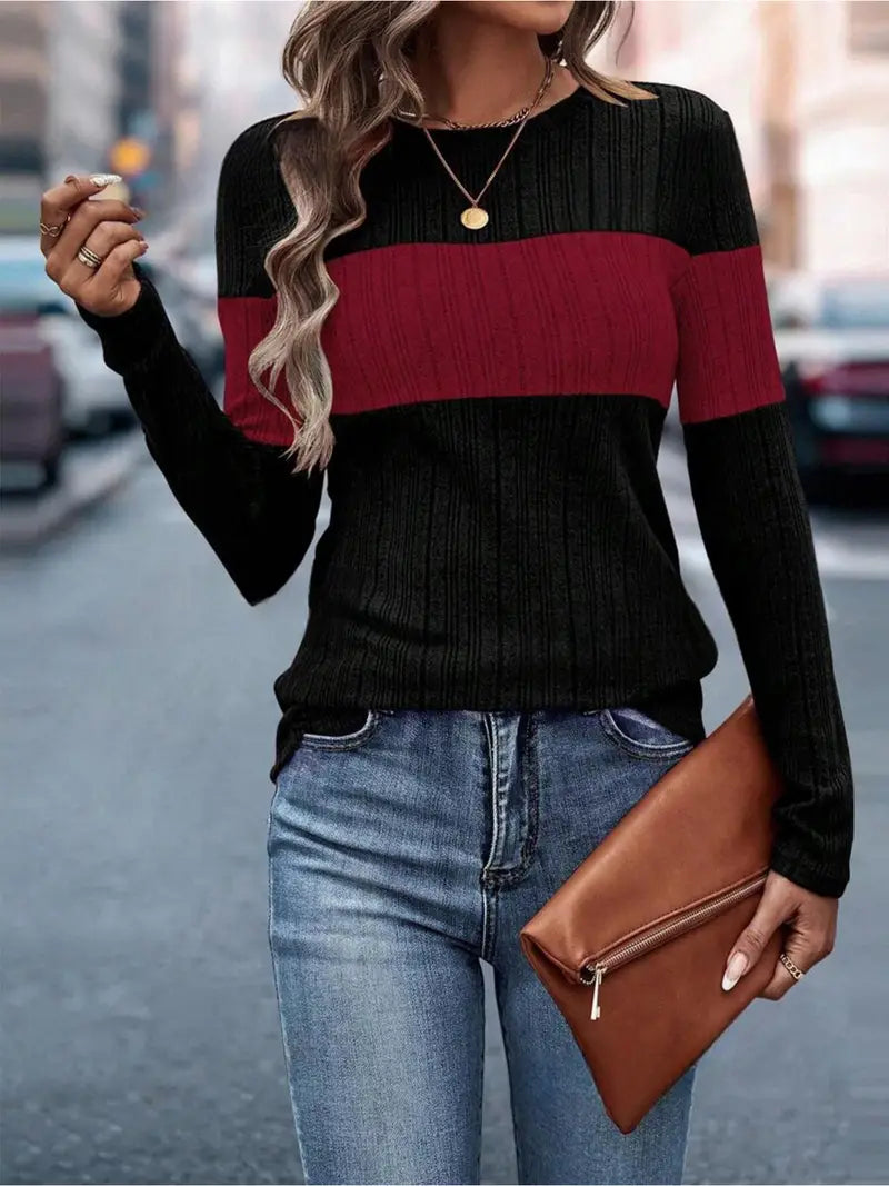 Elegant Two-Tone Long-Sleeve Sweater Top – Black & Red Block Design with White Piping | Fall & Winter Essential
