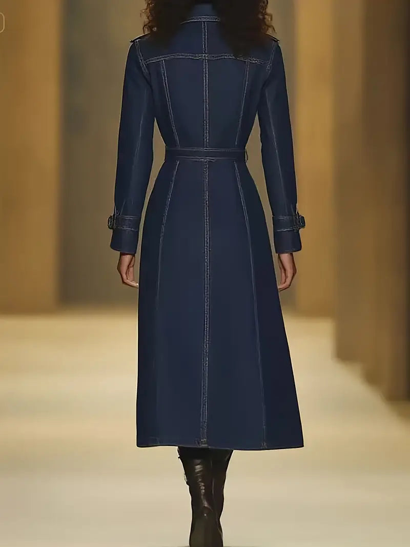 Elegant Navy Blue Oversized Long Coat with Belt and Button Detailing – Timeless Outerwear for Casual & Formal Occasions