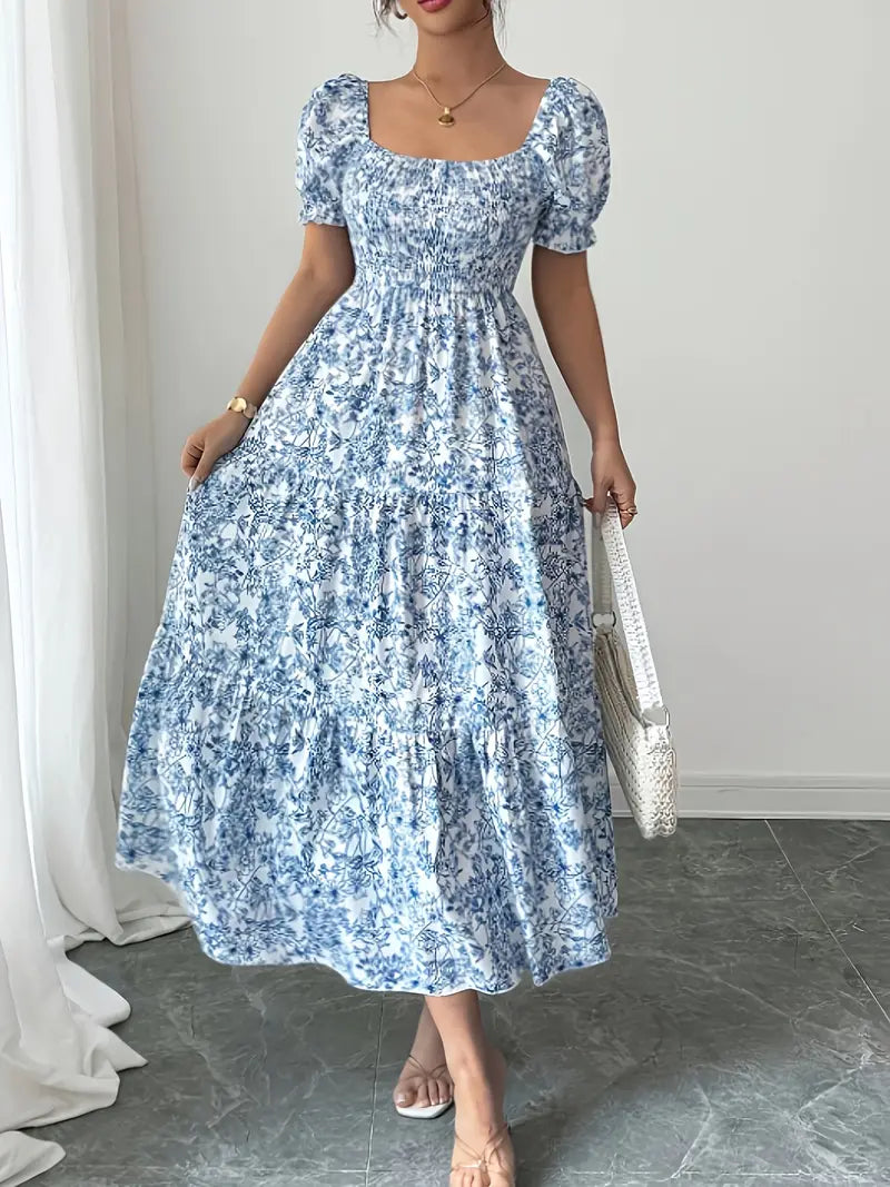 Elegant Floral Square Neck Dress – Light Blue