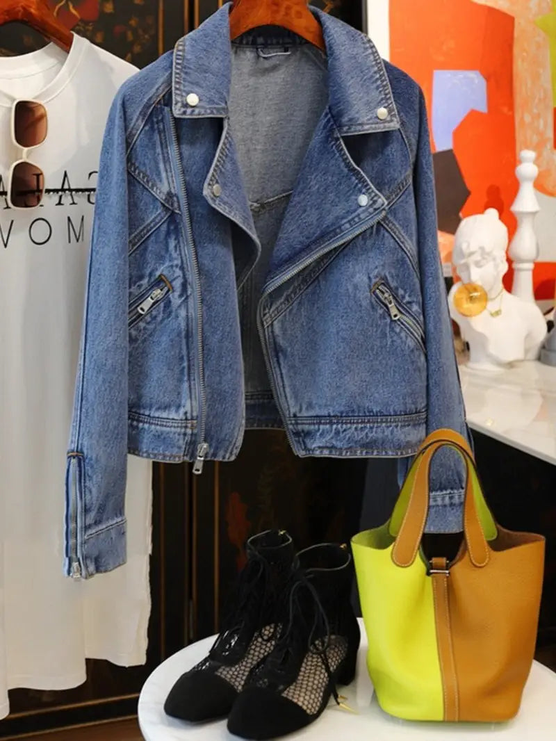 Motorcycle-Style Denim Jacket — Full Zip Lapel-Collar Winter Coat for Edgy Everyday Looks