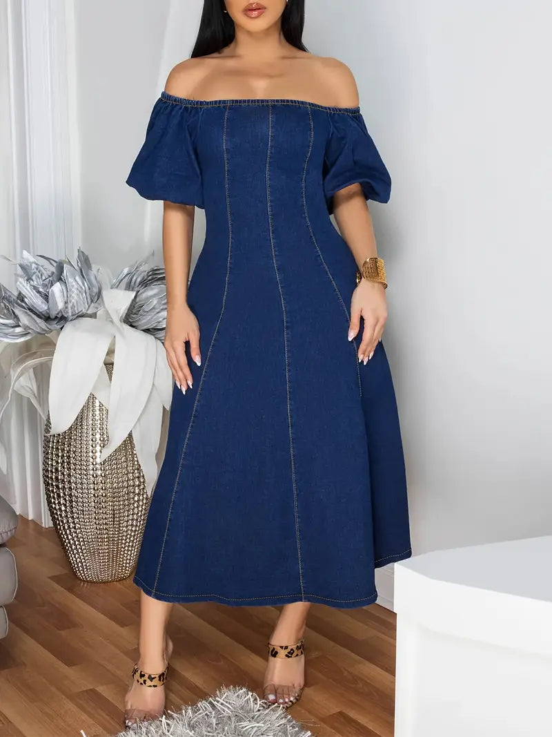 Off-Shoulder Navy Blue Bodycon Dress with Golden Accents – Elegant Stretch-Fit Evening & Cocktail Wear
