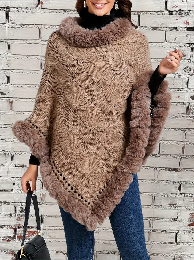 Women’s Elegant Crochet Pullover Sweater – 3-Layer Fur-Lined Knit, Solid Color, Warm Winter Design with Eyelet Details