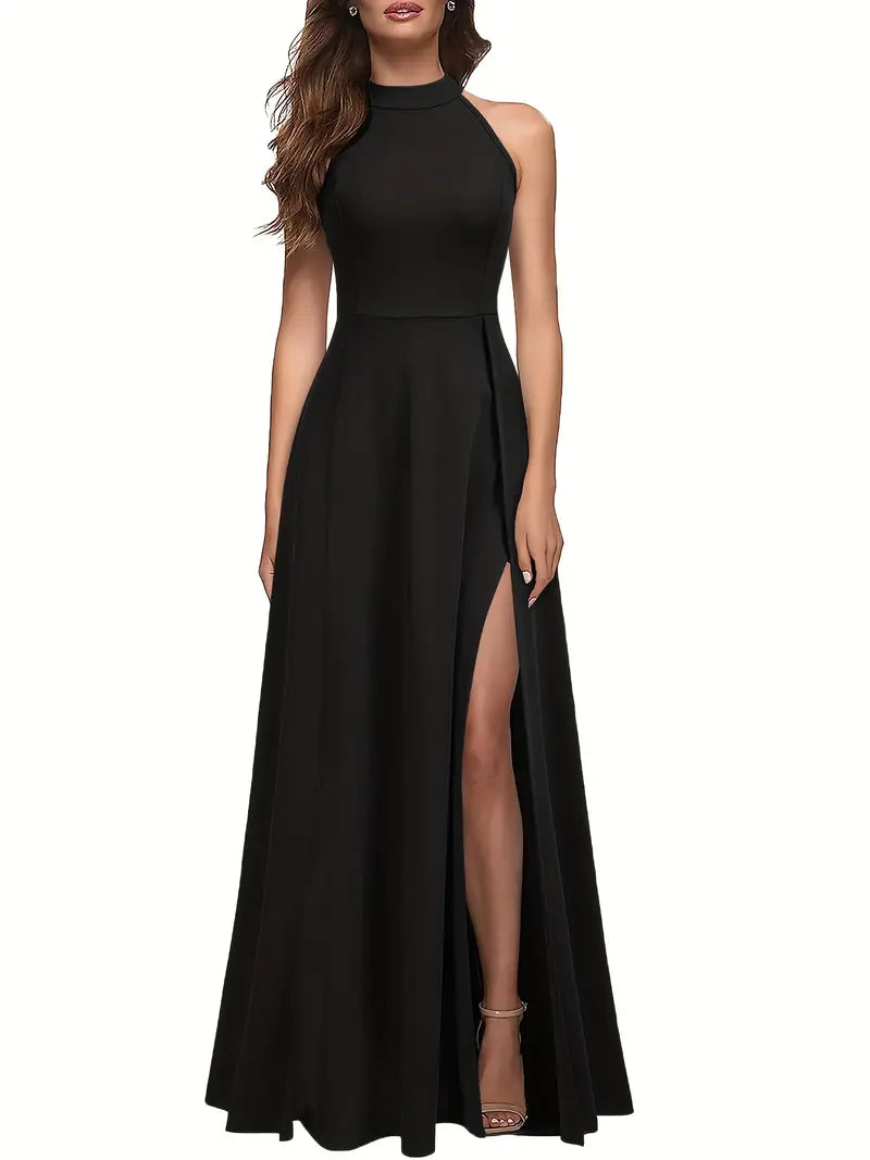 High-Waist Sleeveless Maxi Dress with Side Split – Elegant Crew Neck Formal & Party Wear