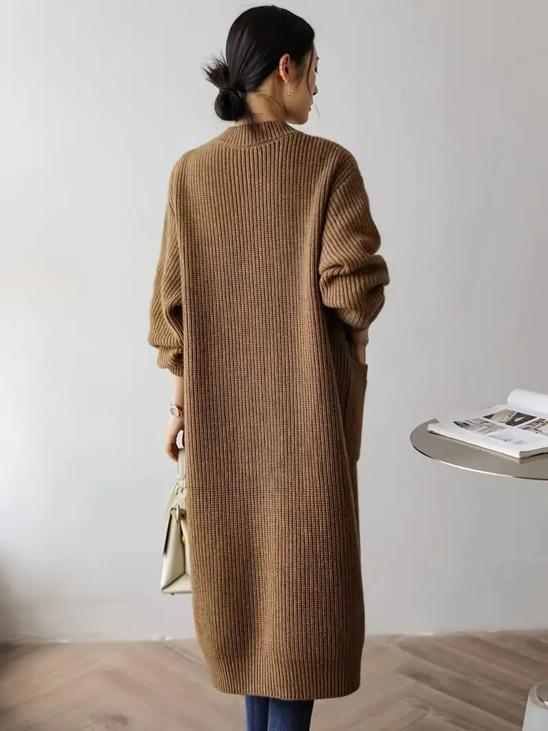 Chic Longline V-Neck Knit Cardigan Coat with Pockets — Solid Color Polyester Sweater Coat