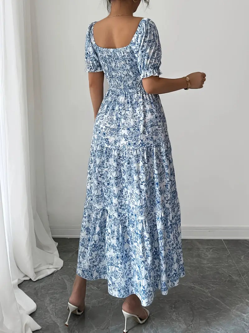 Elegant Floral Square Neck Dress – Light Blue