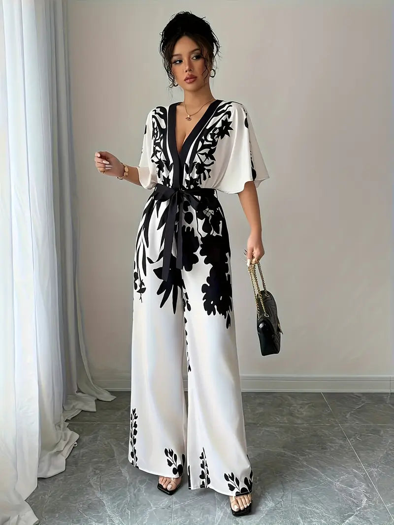 Floral Deep V-Neck Long-Sleeve Wide-Leg Jumpsuit with Belt – Vacation & Summer Elegance