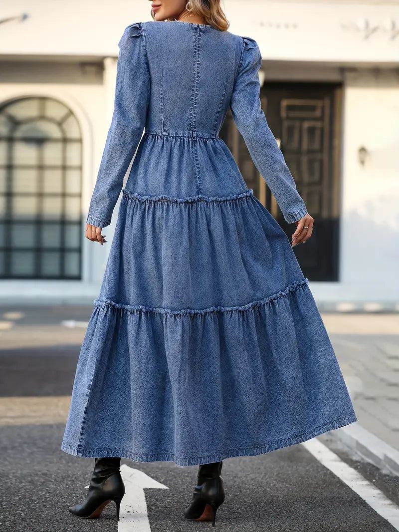 Vintage-Inspired European Denim Maxi Dress with Puffed Sleeves & Multi-Layered A-Line Cake Skirt – Graceful Elegance for Every Occasion