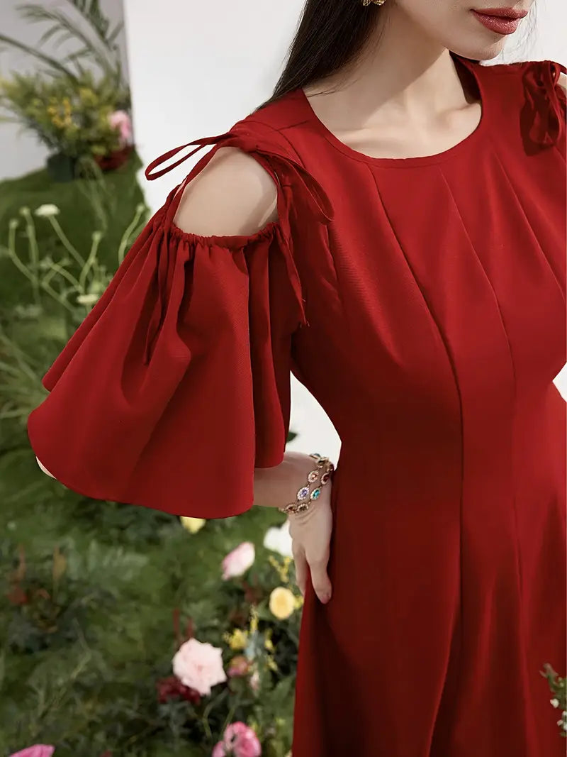 Vibrant Red A-Line Midi Dress with Round Neck & Puff Sleeves – Polyester Blend for Casual & Formal Elegance