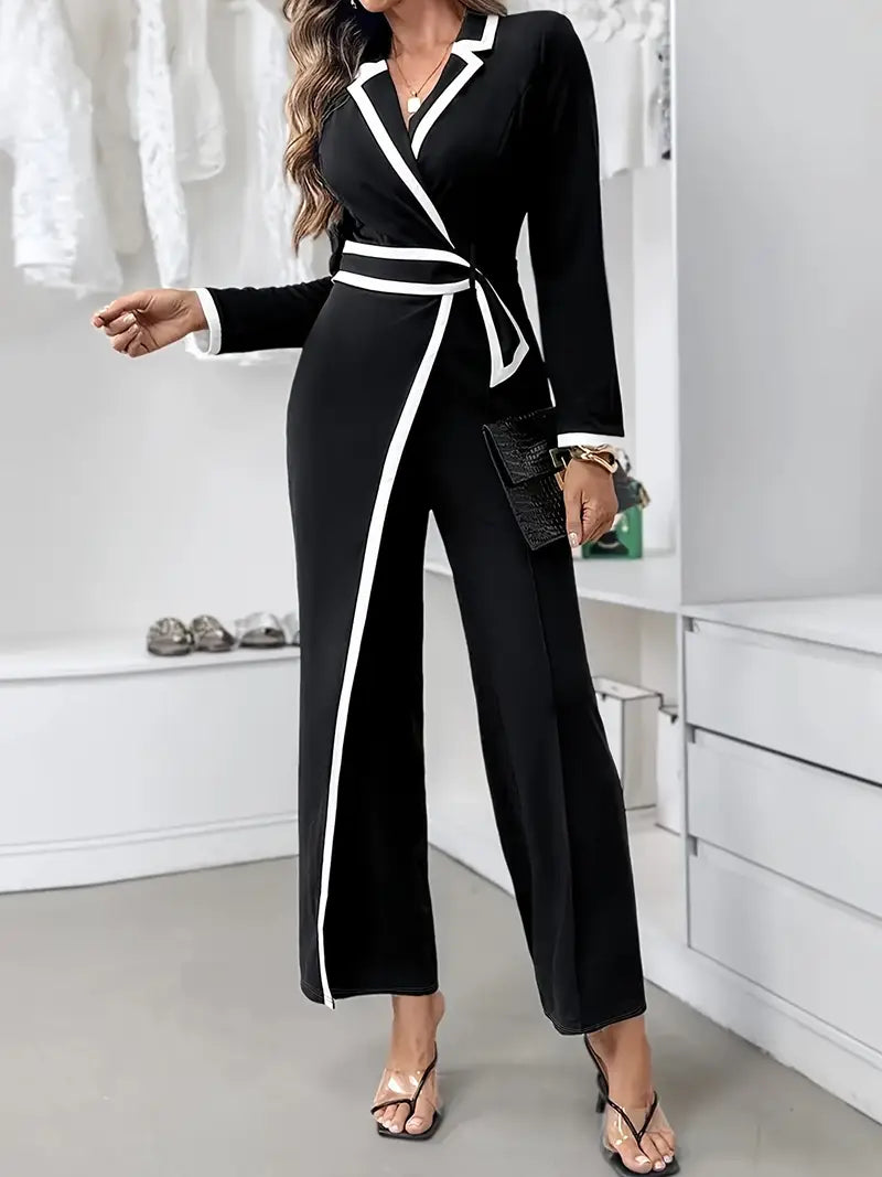 Women's Contrast Trim Long Sleeve Jumpsuit