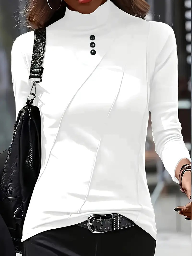 Elegant Long-Sleeve High-Neck Top with Decorative Buttons