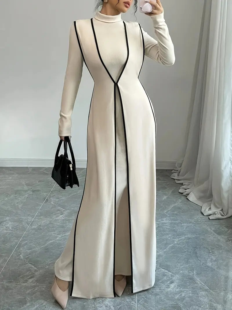 Color-Block Ribbed Turtleneck Dress Set (2-Piece) — Elegant Rib Knit Midi Dress & Matching Overlay for Chic Layered Style