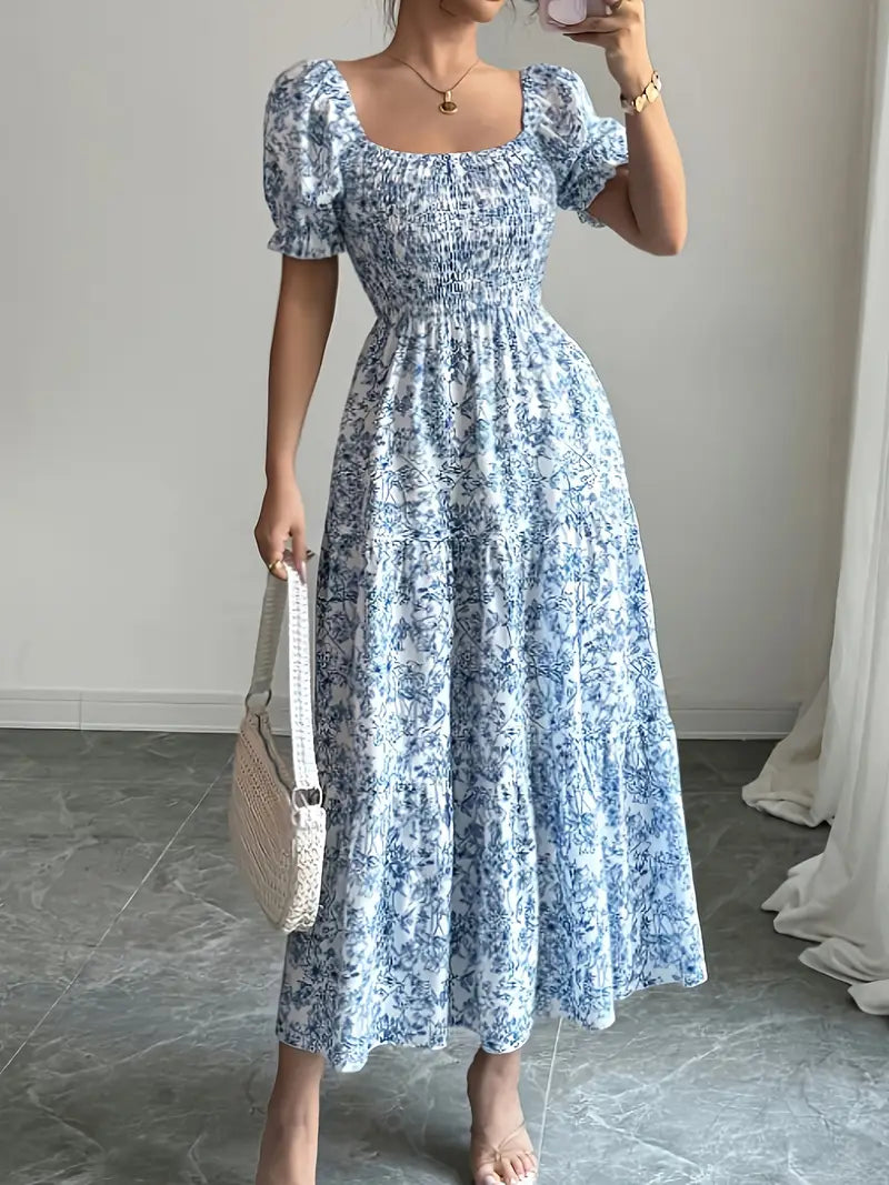 Elegant Floral Square Neck Dress – Light Blue