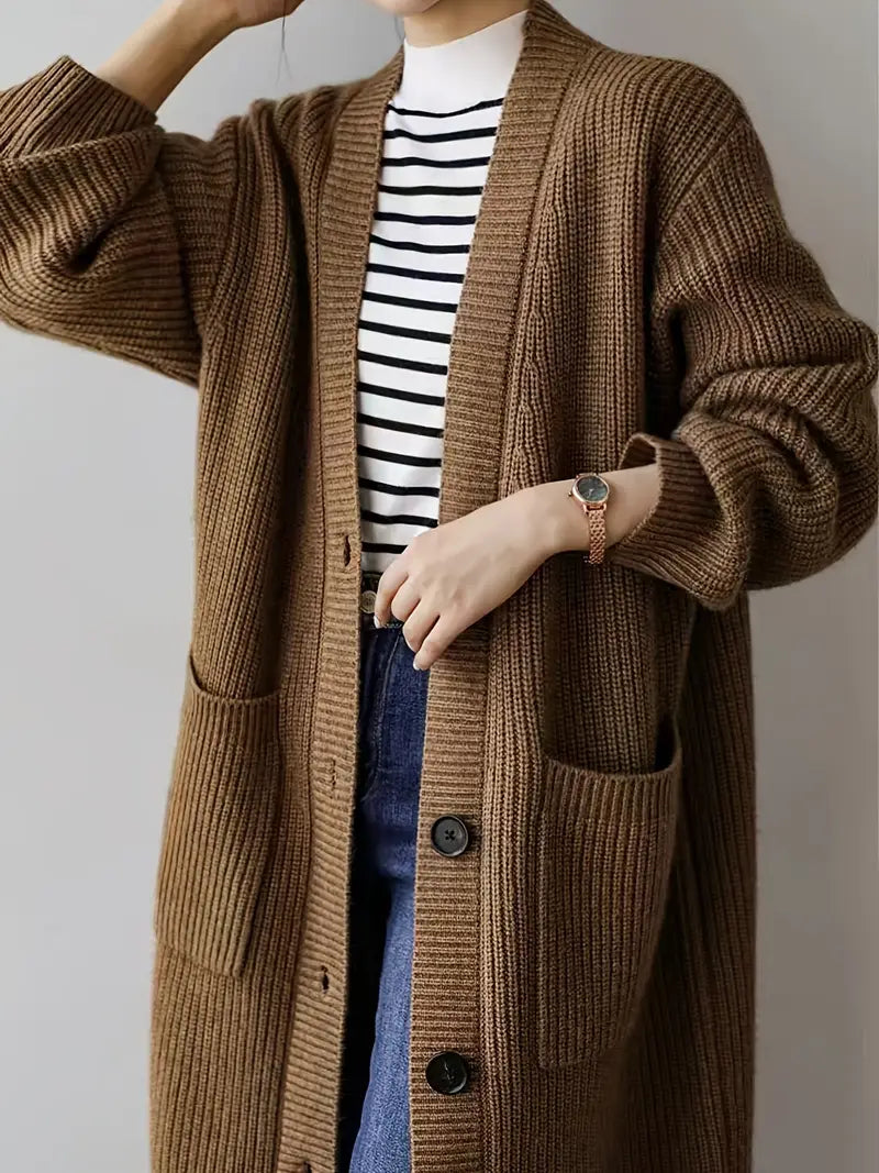 Chic Longline V-Neck Knit Cardigan Coat with Pockets — Solid Color Polyester Sweater Coat