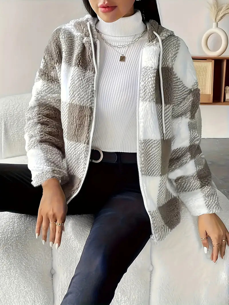Elegant Checkered Plush Winter Coat — Beige & Brown Textured Outerwear for Fall and Winter