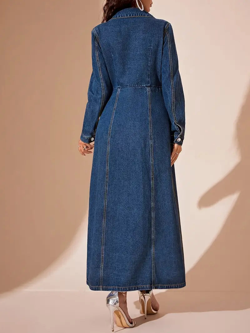 Classic Long Denim Coat – Elegant Button-Front Longline Jacket for Effortless Layering