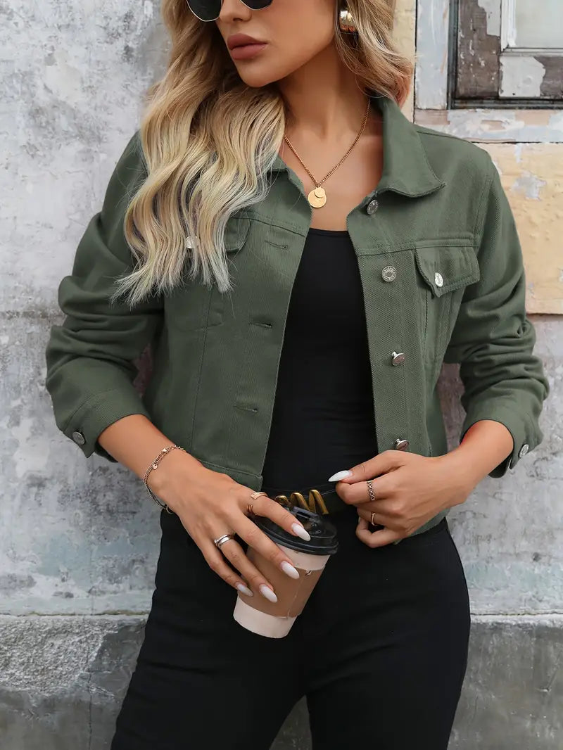 Women’s Olive Green Short Denim Jacket – Casual to Semi-Formal Layering Essential