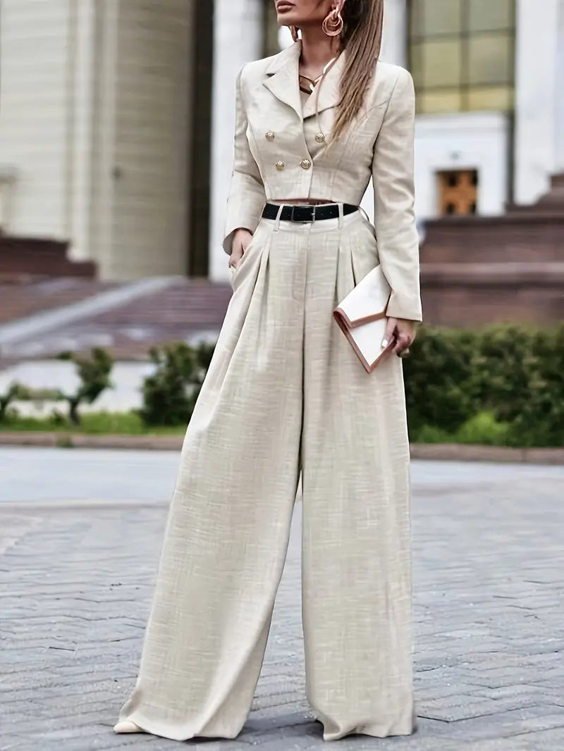 Elegant Double-Breasted Two-Piece Suit with Wide-Leg High-Waist Pants & Accessory Bag — Refined Power Ensemble for Modern Women