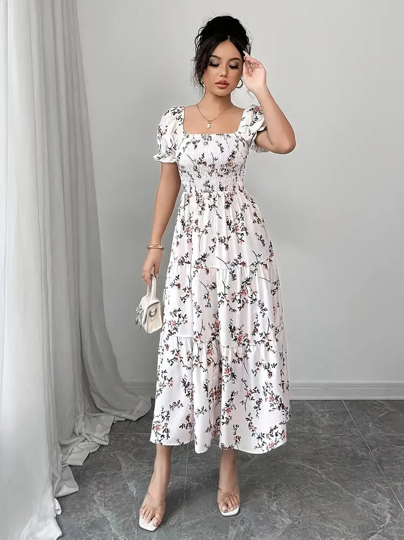 Elegant Floral Maxi Dress — Square Neck, Puff Sleeves & Flared Hem