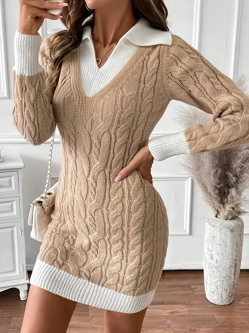 Autumn-Winter Color-Block Long-Sleeve Sweater Dress — Contrasting Panels, Round Neck, Machine Washable