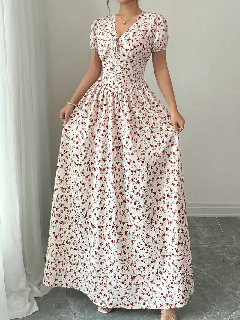 Scarlet Bloom V-Neck Floral Maxi Dress
