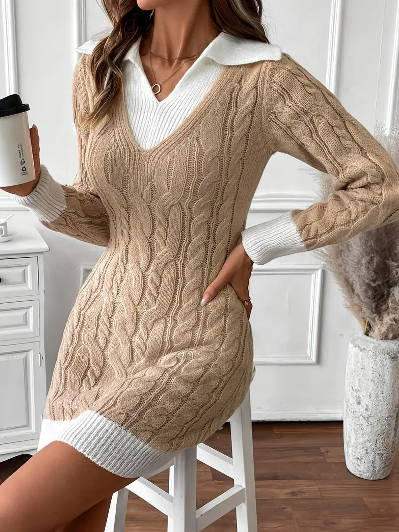 Autumn-Winter Color-Block Long-Sleeve Sweater Dress — Contrasting Panels, Round Neck, Machine Washable