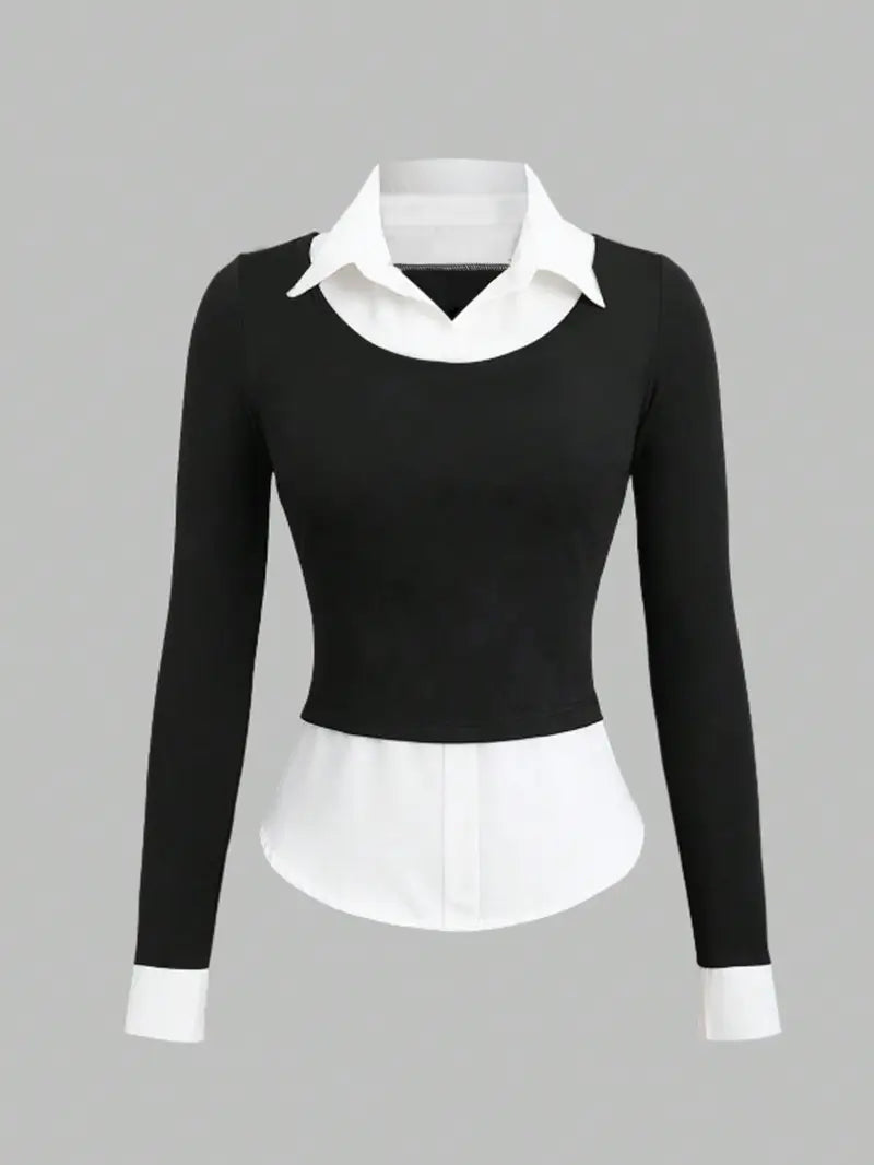 Classic College-Style Spliced Long-Sleeve Shirt with Elegant Back Detail