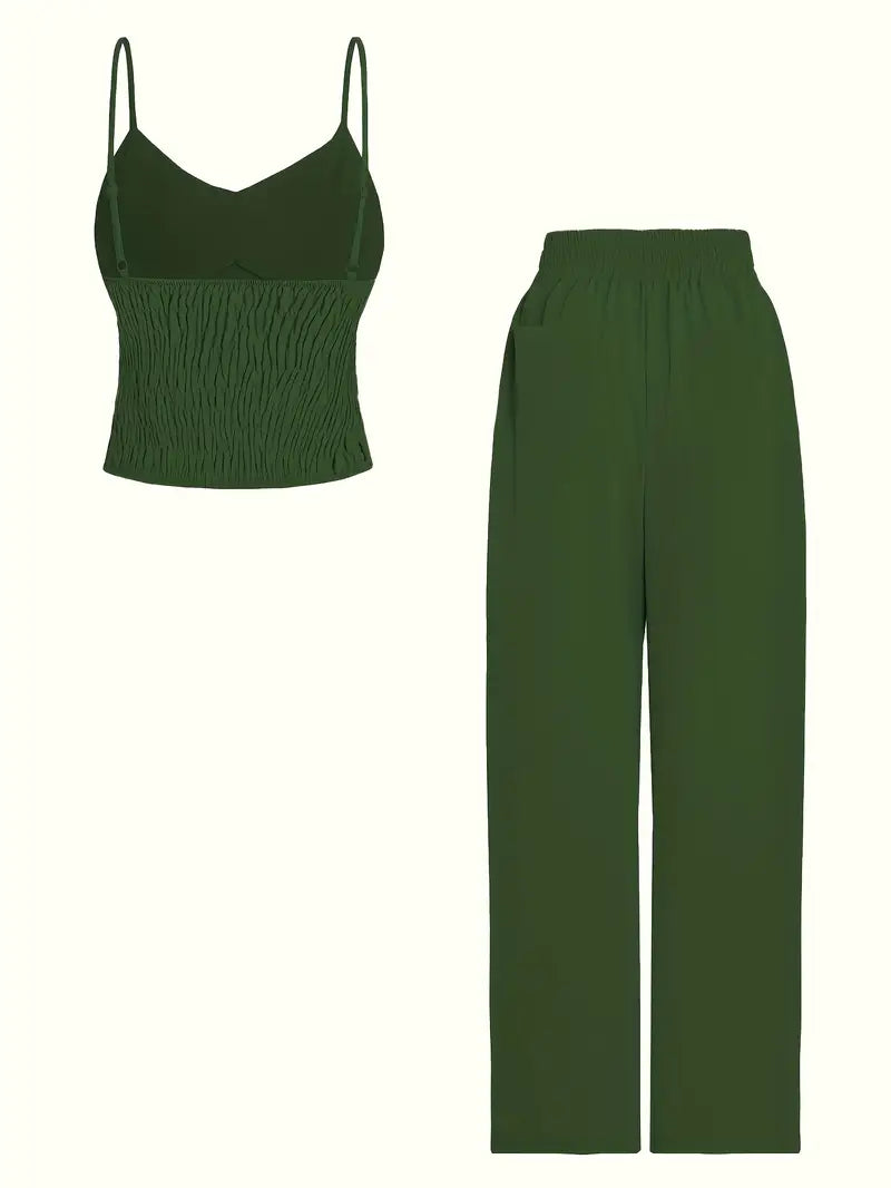 Elegant Off-Shoulder V-Neck Belted Suit Set for Women — 3/4 Sleeve Solid Color Ensemble in Lightweight Fabric