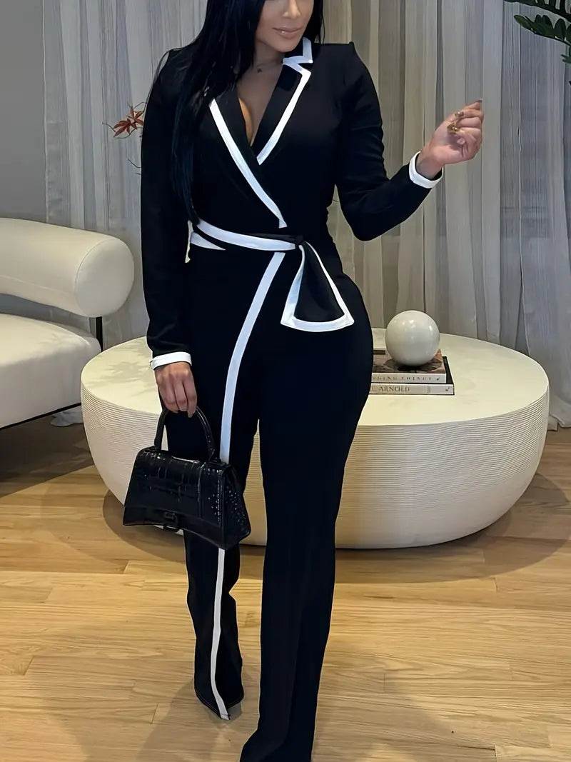 Women's Contrast Trim Long Sleeve Jumpsuit