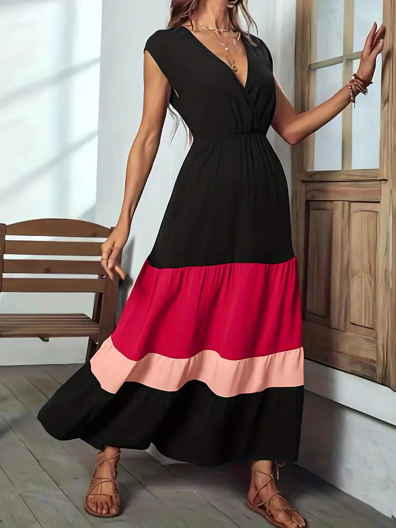 Color-Block Surplice Neck Sleeveless Maxi Dress — Elegant Sleeveless A-Line Silhouette for Refined Dressing
