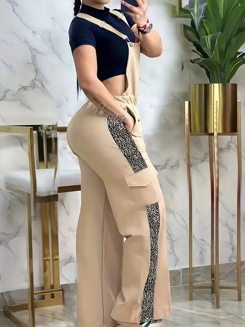 Beige Wide-Leg Harem Pants with Adjustable Straps and Pockets