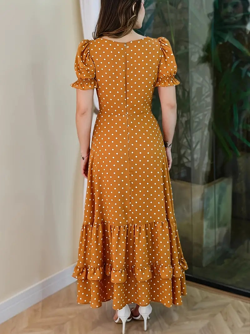 Elegant Polka Dot V-Neck Midi Dress — Ruffle Sleeves & Tiered Skirt