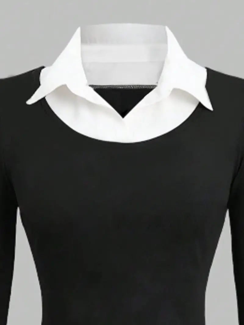 Classic College-Style Spliced Long-Sleeve Shirt with Elegant Back Detail