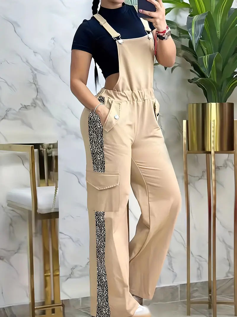 Beige Wide-Leg Harem Pants with Adjustable Straps and Pockets