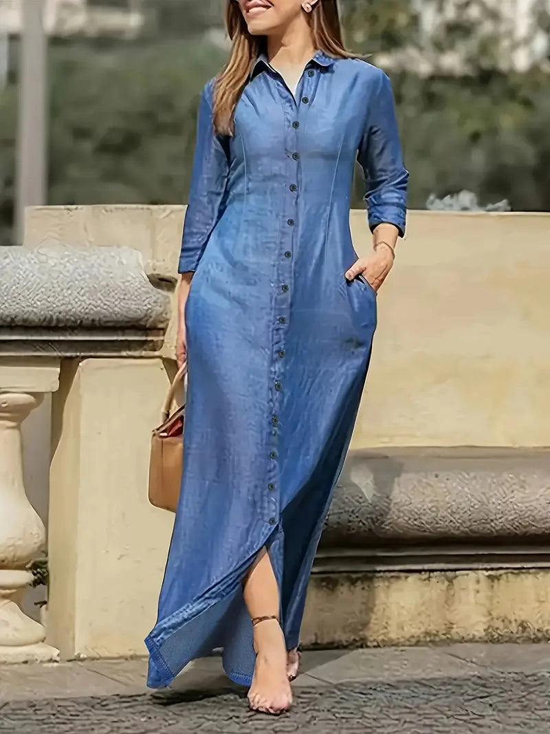 Button-Front Long-Sleeve Collared Maxi Dress — Solid Color, Casual & Versatile