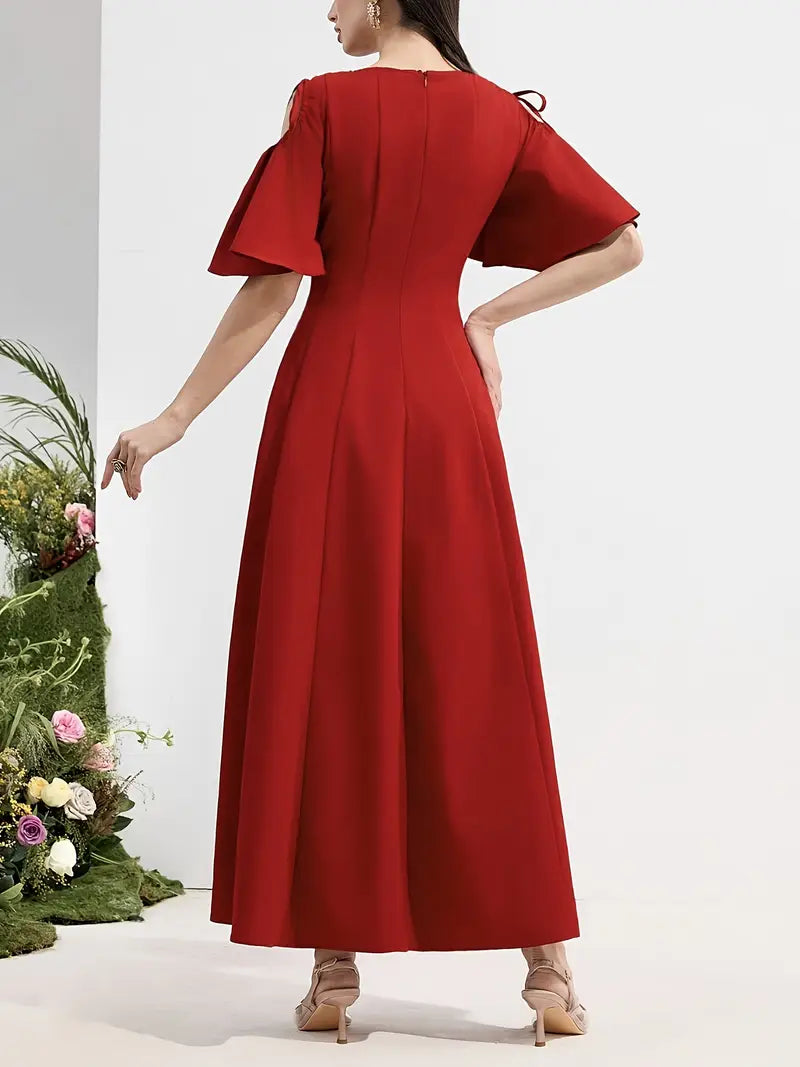 Vibrant Red A-Line Midi Dress with Round Neck & Puff Sleeves – Polyester Blend for Casual & Formal Elegance