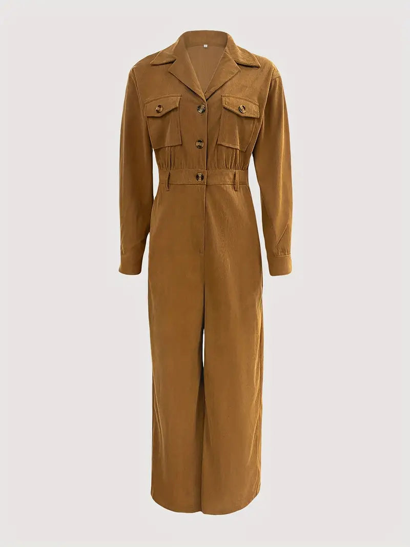 Solid-Color Button-Front Long-Sleeve Workwear Jumpsuit – Sleek All-in-One for Casual & Office Style