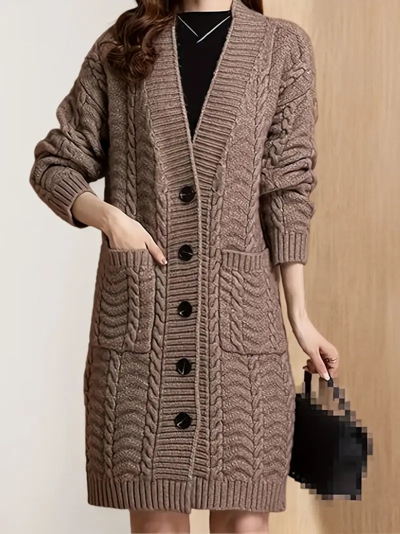 Loose-Fit Acrylic Knit Cardigan Coat — V-Neck, Long Sleeves, Patch Pockets, No Belt