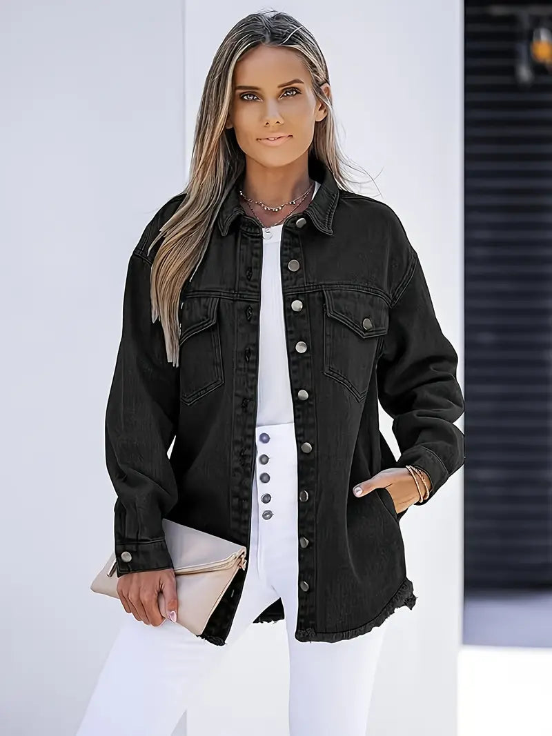 Oversized Fringe-Hem Denim Jacket – Western-Inspired Casual Outerwear for Women