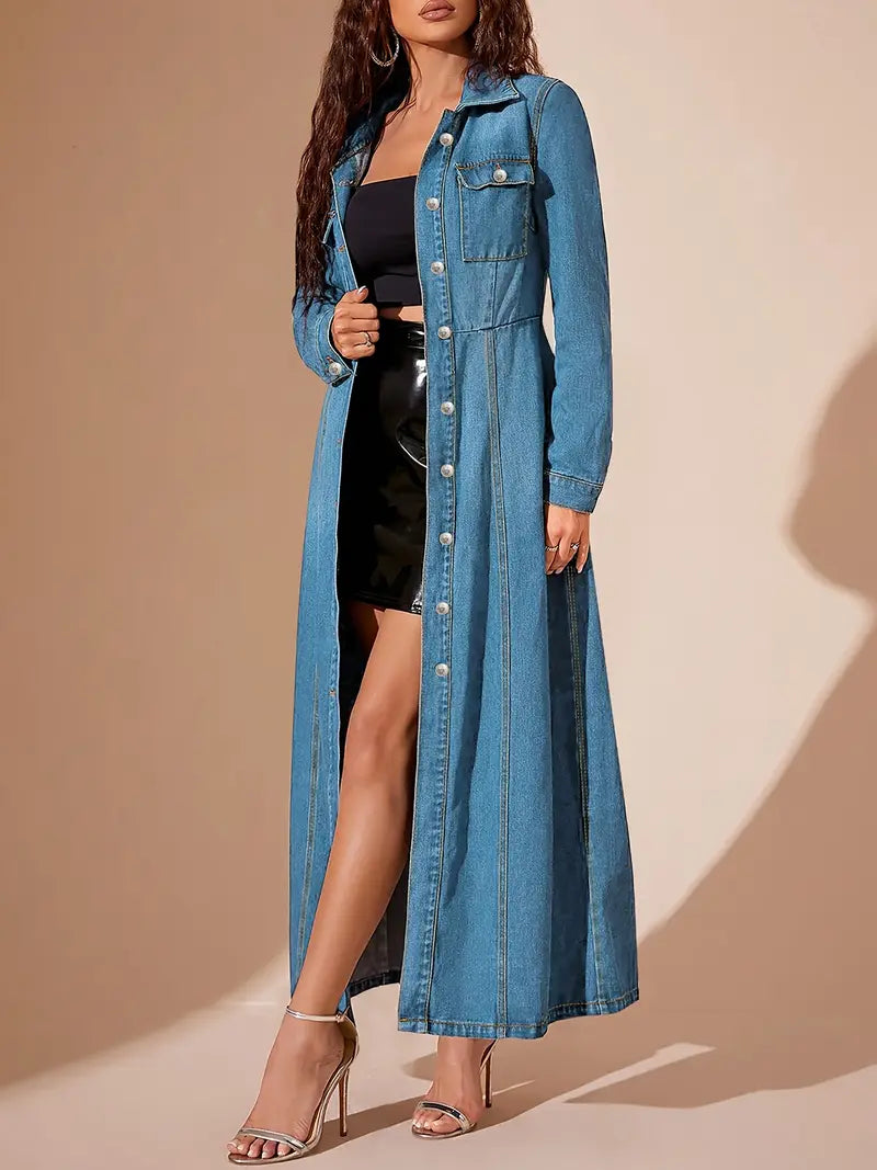 Classic Long Denim Coat – Elegant Button-Front Longline Jacket for Effortless Layering