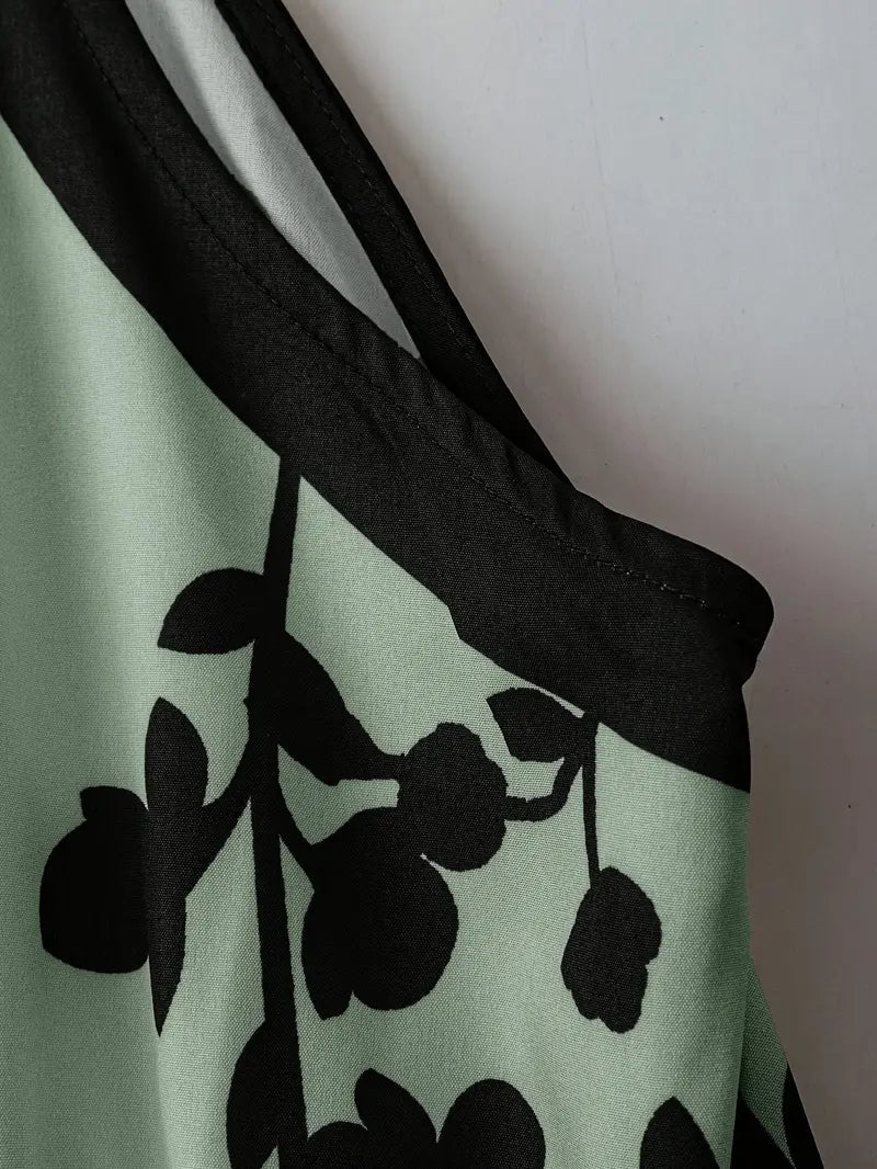 Beige & Black Floral Sleeveless Jumpsuit with Round Neckline