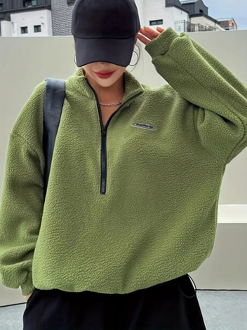 Front-Plush Half-Zip Pullover Sweatshirt — Cozy Long-Sleeve Casual Layer