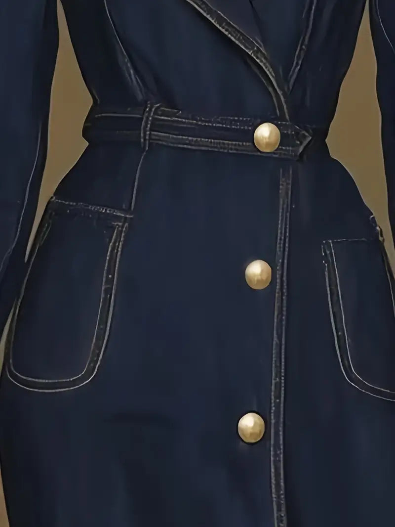 Elegant Navy Blue Oversized Long Coat with Belt and Button Detailing – Timeless Outerwear for Casual & Formal Occasions