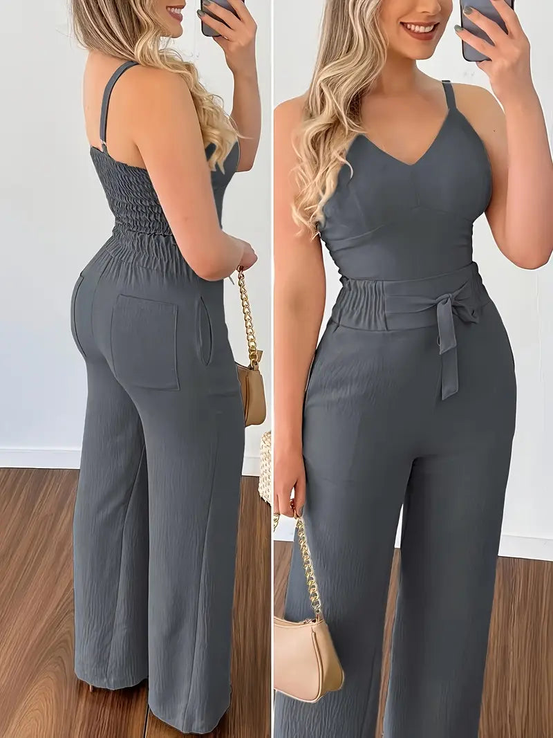 Elegant Off-Shoulder V-Neck Belted Suit Set for Women — 3/4 Sleeve Solid Color Ensemble in Lightweight Fabric