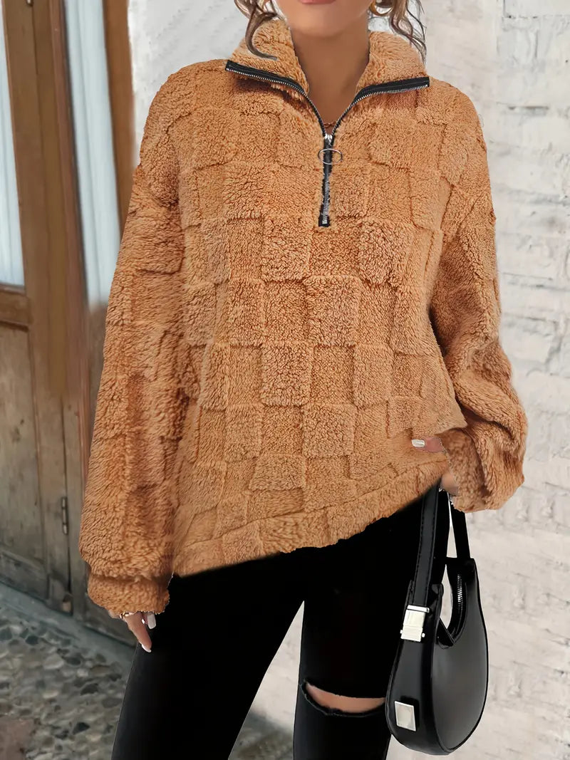 Elegant Double-Sided Fleece Zip-Up Sweatshirt – Checkered Winter Comfort Pullover