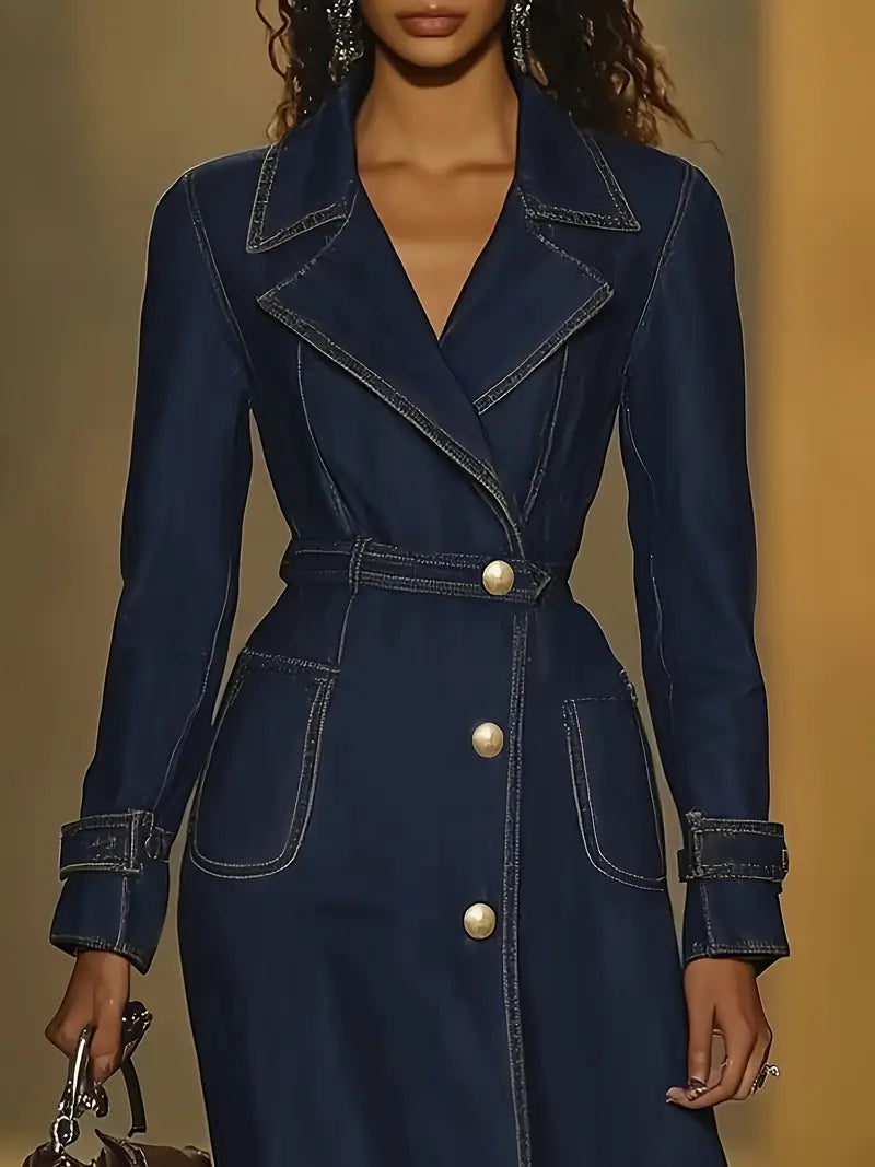 Elegant Navy Blue Oversized Long Coat with Belt and Button Detailing – Timeless Outerwear for Casual & Formal Occasions